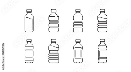 Plastic Water Bottle Icons Set, Various Designs, Line Art, Isolated