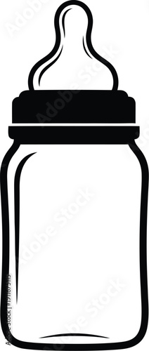 Baby bottle with nipple and cap, simple black vector, isolated illustration