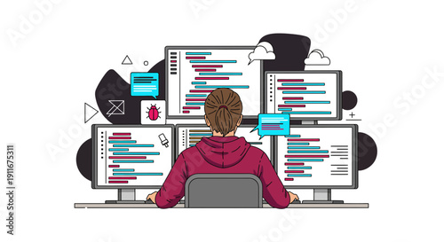 Programmer Working On Multiple Computer Screens Coding.