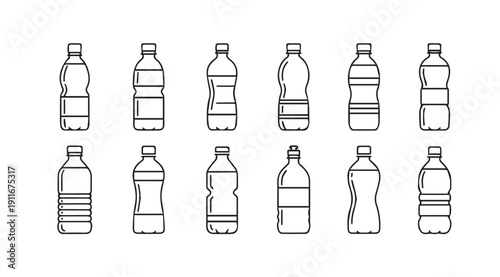 Set of 12 Line Art Plastic Water Bottles, Various Shapes and Sizes, Vector Icons