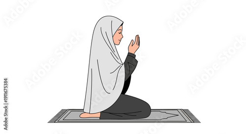 Muslim Woman Praying in Hijab on Prayer Mat