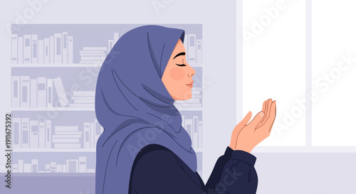 Muslim Woman Praying in Hijab, Eyes Closed, Hands Raised in Devotion