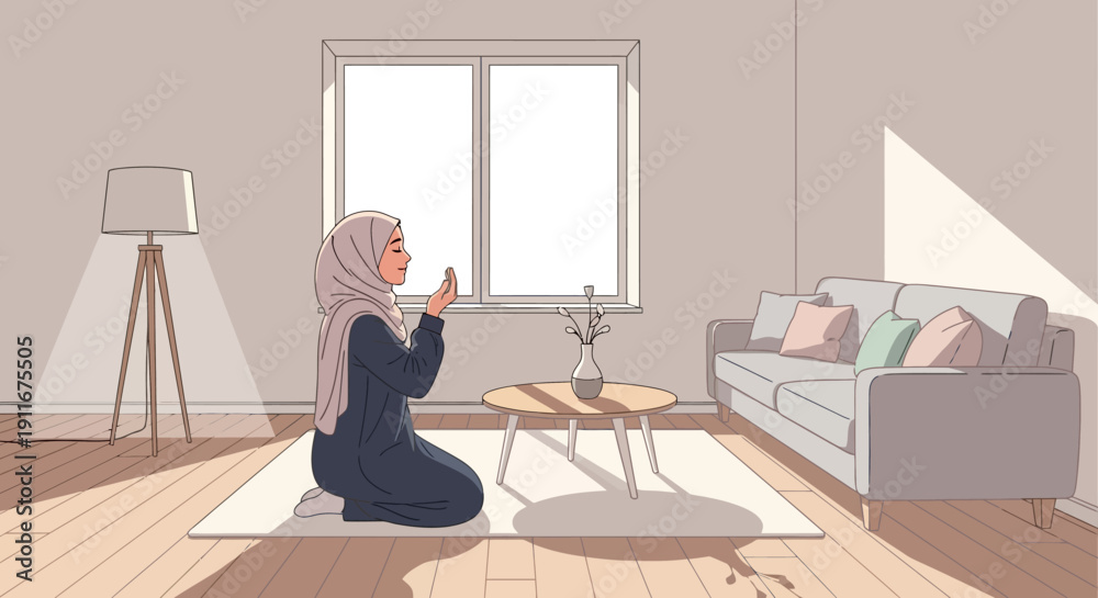 Obraz premium Muslim Woman Praying in Sunlit Living Room, Peaceful Islamic Devotion