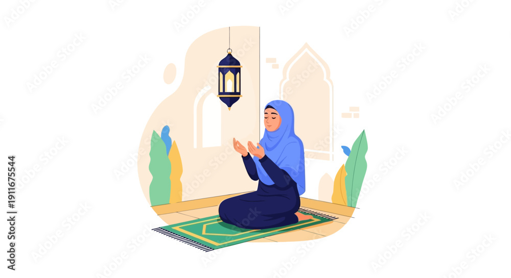Fototapeta premium Muslim Woman Praying on a Rug with Lantern