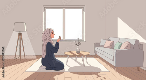 Muslim Woman Praying in Sunlit Living Room, Peaceful Islamic Devotion