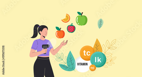 Woman Holding Smartphone With Floating Fruits And Vitamins.