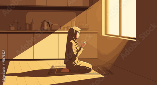 Muslim Woman Praying in Sunlit Kitchen, Spiritual Moment, Faith and Devotion
