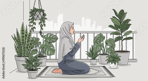 Muslim Woman Praying on Balcony Surrounded by Lush Green Plants