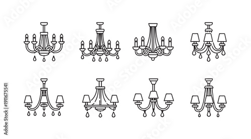Set of Chandelier Line Icons, Various Designs, Isolated on White Background
