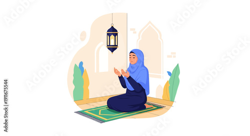Muslim Woman Praying on a Rug with Lantern