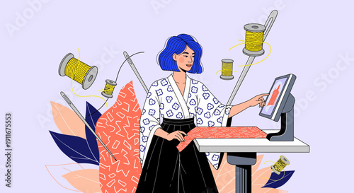 Woman Multitasking Using Computer and Phone at Desk.