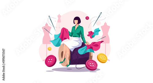 Woman Sewing Clothes with Sewing Machine Illustration.