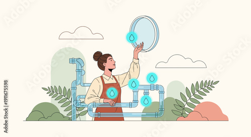 Woman Washing Dishes with Soap Bubbles Illustration.