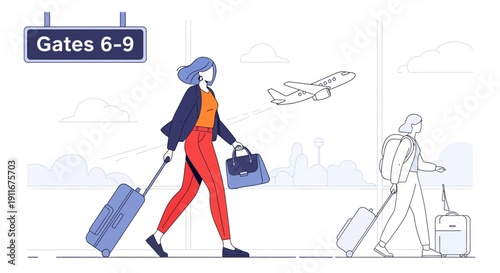 Modern Airport Travel Illustration of Woman Walking with Luggage