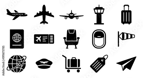 Aviation Airport and Travel Flight Glyph Icon Set