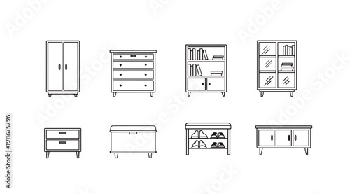 Set of Furniture Icons: Wardrobe, Dresser, Bookshelf, Cabinet, Side Table, Storage Bench, Shoe Rack
