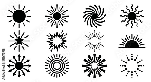 Sun, Starburst and Light Ray Black Icon Set