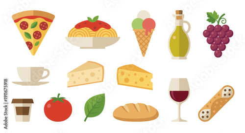 Traditional Italian Food and Cuisine Flat Icon Set