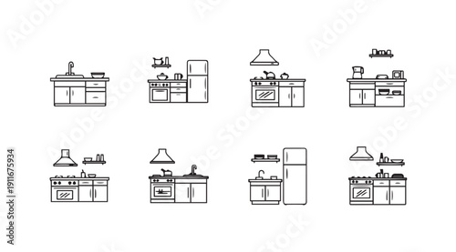 Set of illustrated kitchen units and appliances, line art icons