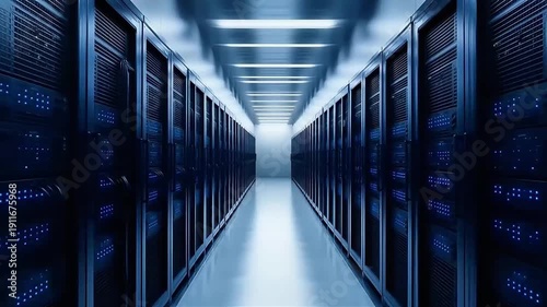 Data Center Server Room Corridor with Illuminated Ceiling.