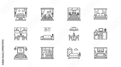 Set of Interior Design Icons: Line Art of Furniture and Rooms