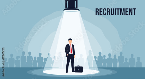 Professional job candidate stands in a bright spotlight in front of a crowd of applicants for business recruitment purposes.