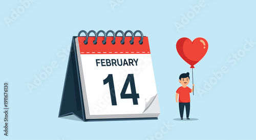 Calendar displaying February fourteenth with a young boy holding a red heart shaped balloon for Valentines Day celebration.