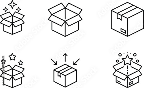 Open cardboard box icons set with delivery arrows and surprise star elements