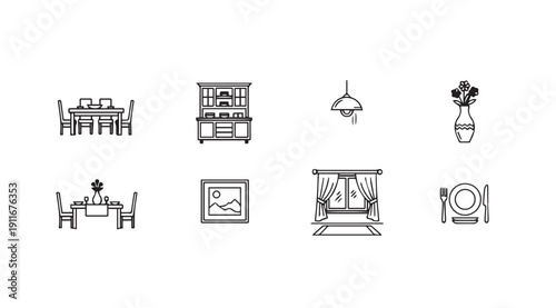 Set of Line Icons Representing Dining Room Elements and Home Decor