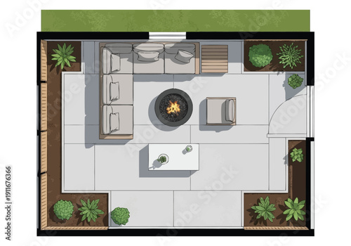 Modern Outdoor Living Space Design Featuring Sectional Seating Fire Pit And Coffee Table With Lush Greenery Enhancing The Patio Ambiance furniture