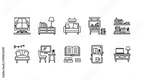 Set of line icons representing home interior elements, furniture, and decor