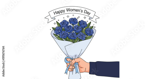 Person holds a beautiful bouquet of blue roses decorated with a Happy Womens Day banner to celebrate the international holiday.