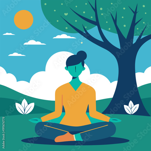 A person meditating outdoors under a tree 