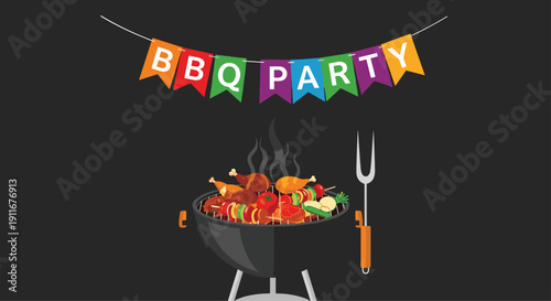 Outdoor charcoal grill loaded with skewers of meat and vegetables under a colorful barbecue party banner against a dark background.