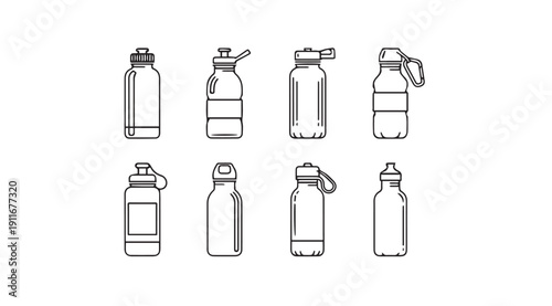 Set of Water Bottle Icons, Various Styles, Line Art, Isolated on White