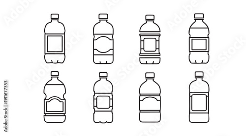 Set of water bottle line art icons, different designs, isolated on white background, stock media