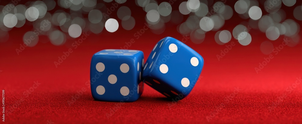 Obraz premium Blue dice on red velvet with silver bokeh lights add a festive ambiance.