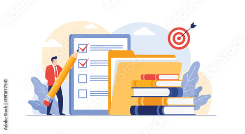 Business professional uses a large pencil to check off tasks on a checklist next to organized files and a target symbol.