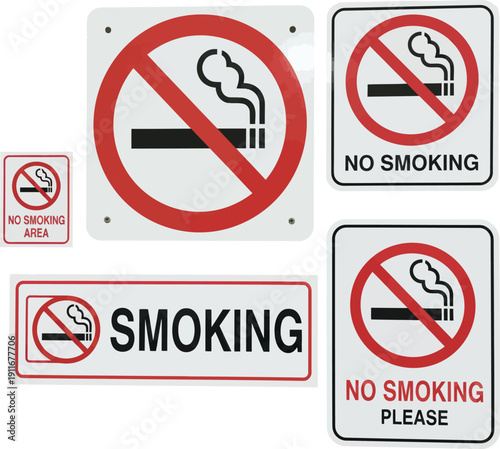 Vector illustration set of isolated red prohibition circle signs including no smoking with cigarette, no parking, and no food symbols to warning of forbidden and prohibited actions for safety
