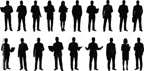 Black silhouette mega collection of professional business people with laptops alongside diverse groups taking selfies and couples walking together isolated on white background