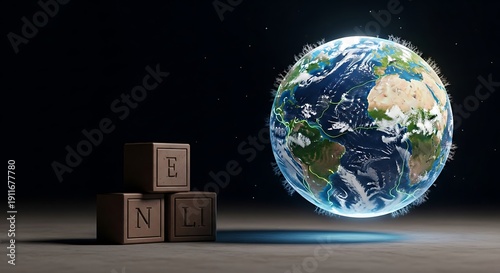 Global connections concept with English alphabet blocks and Earth