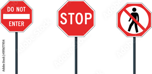 Three red octagonal traffic signs with white text and symbols stop sign do not enter