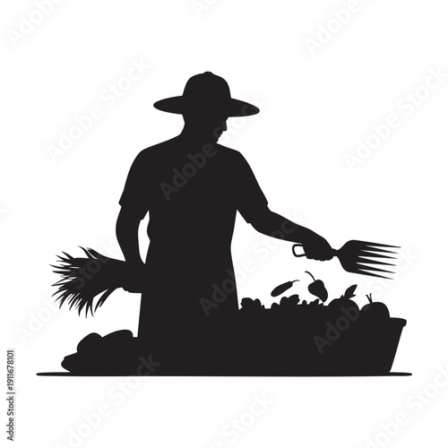 Silhouette of a gardener working in a garden with various plants and a fork