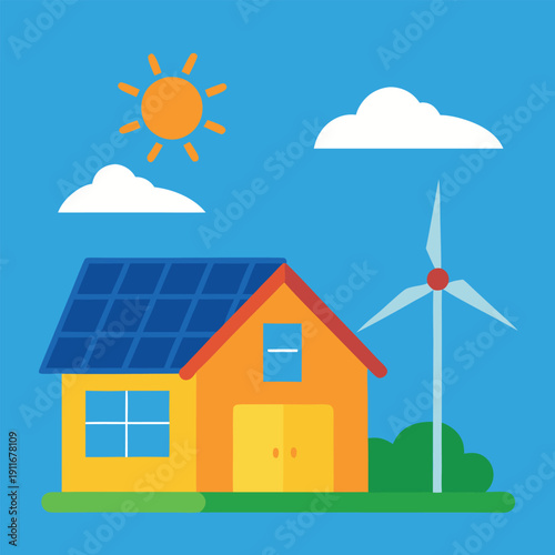 A solar powered home with a wind turbine beside 