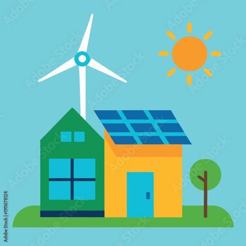 A solar powered home with a wind turbine beside 