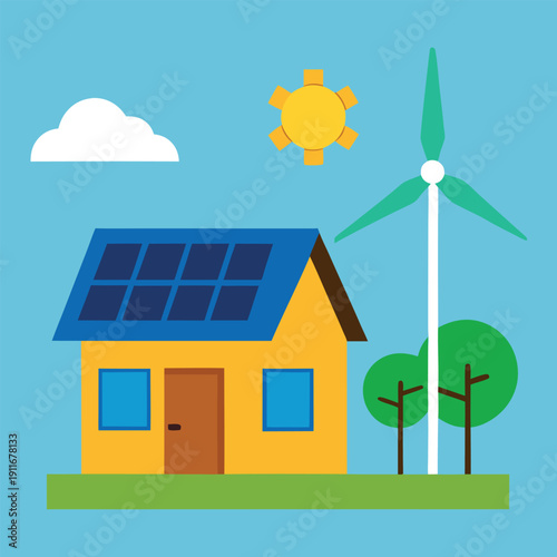 A solar powered home with a wind turbine beside 
