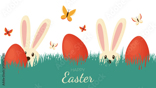 happy easter illustration with eggs and bunny