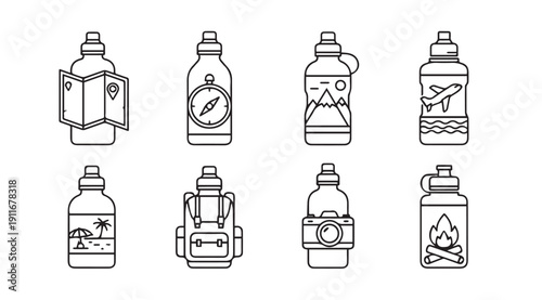 Travel Icons: Water Bottles with Maps, Compass, Mountains, Beach, Camera, Campfire