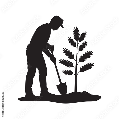 Man planting a tree outdoors using a shovel in a silhouette illustration