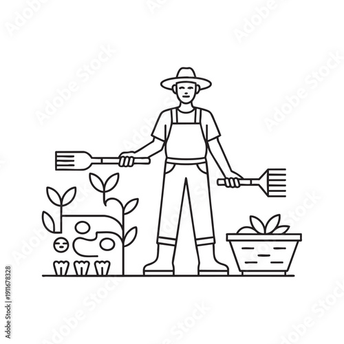 Gardener standing confidently with gardening tools surrounded by plants and a planter